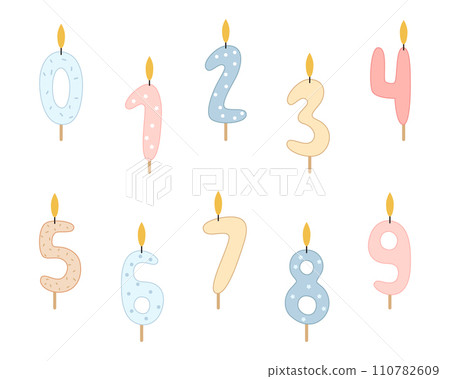 Candles numbers from 0 to 9 for decorating birthday cakes and cupcakes. Vector illustration for the design of cards, posters, web design on a white background. 110782609