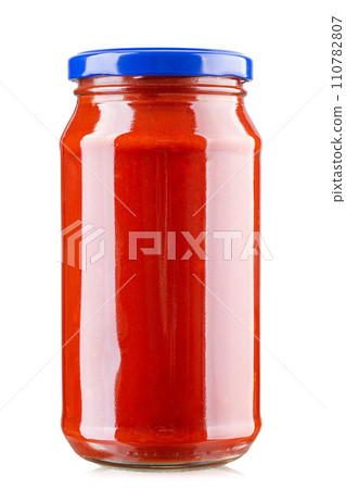 Tomato sauce jar isolated on white background, full depth of field. 110782807
