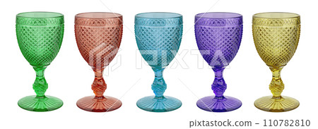 Beautiful set empty wine glasses isolated on white background. Stemware. Beautiful set empty wine glasses isolated on white background. Stemware. 110782810