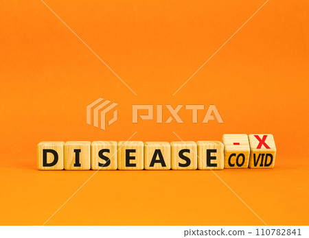 Disease X after covid symbol. Turned cubes and changed the word Disease COVID to Disease X. Beautiful orange table orange background. Medical, Disease X after covid concept. Copy space. Disease X after covid symbol. Turned cubes and changed the word Disease COVID to Disease X. Beautiful orange table orange background. Medical, Disease X after covid concept. Copy space. 110782841