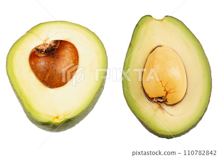 Ripe avocado half isolated on white background. File contains clipping path. Ripe avocado half isolated on white background. File contains clipping path. 110782842