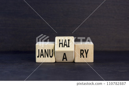 Januhairy or January symbol. Concept words Januhairy or January on beautiful wooden blocks. Beautiful black table black background. Social issues Januhairy or January concept. Copy space. 110782887