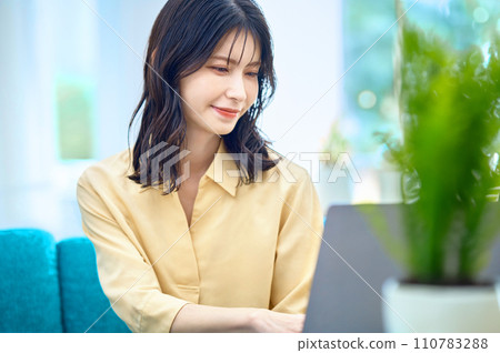 Woman operating a computer at home Woman operating a computer at home 110783288