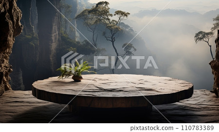 AI-generated content. The product podium is made of stone. Located on a rocky ledge with mountains and forest covered in fog. Generative AI 110783389
