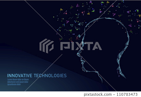 Low poly virtual reality concept. Future innovation technology fantasy. Polygonal triangle connected dots geometric point line vr metaverse device concept blue vector illustration 110783473