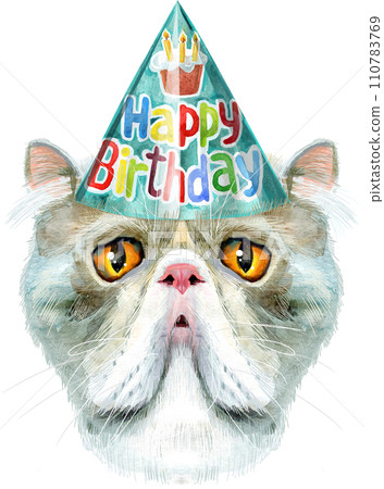 Lovely closeup portrait in pastel colors of Exotic Shorthair cat breed. Hand drawn water color painting on white background 110783769