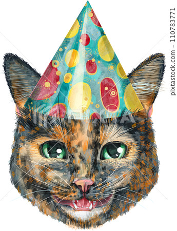 Lovely closeup portrait of Short-haired tortoiseshell cat. Hand drawn watercolor painting on white background 110783771