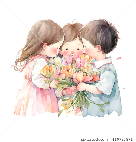 children with piones bouquet children's book watercolor illustration on white background 110783871