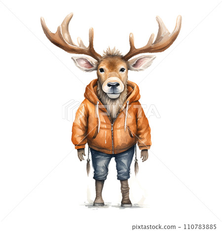 cartoon Caribou with antlers , on a white background , sweaters and boots, in the style of soft watercolor 110783885