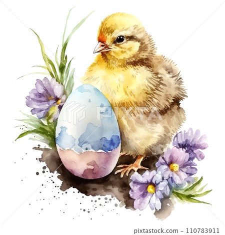 golden easter eggs with flowers in a basket, chicken vintage style watercolor on white background 110783911