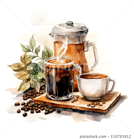 coffee Flatlay watercolor on white background 110783912