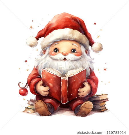 detailed vintage old kawaii santa read book full body, old color, in the style of drawning illustrations,vintage 110783914