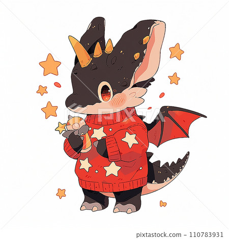 Cute Christmas black red dragon with star in anime style on white background Cute Christmas black red dragon with star in anime style on white background 110783931