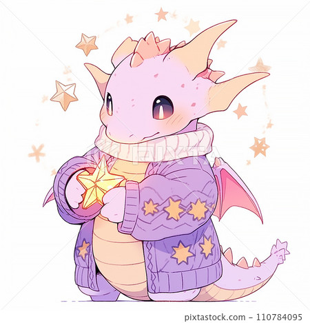 Cute Christmas purple dragon with golden star in anime style on white background Cute Christmas purple dragon with golden star in anime style on white background 110784095