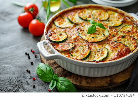 Zucchini and tomatoes gratin with bechamel sauce and cheese. Generative AI 110784194