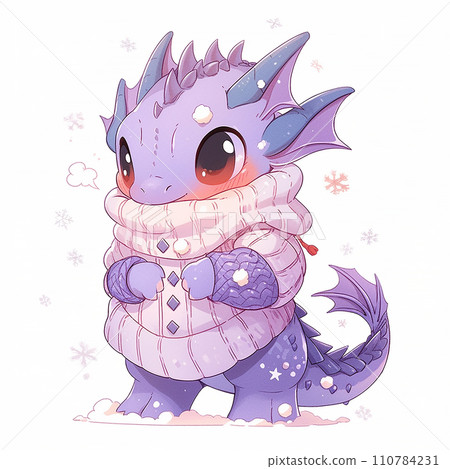 Cute Christmas purple dragon in anime style on white background 110784231