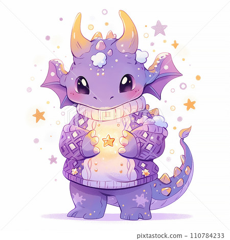 Cute Christmas purple dragon in anime style on white background 110784233