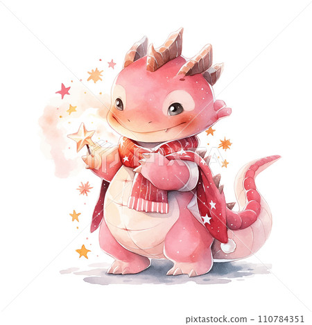 Cute Christmas red dragon with star in watercolor style on white background Cute Christmas red dragon with star in watercolor style on white background 110784351