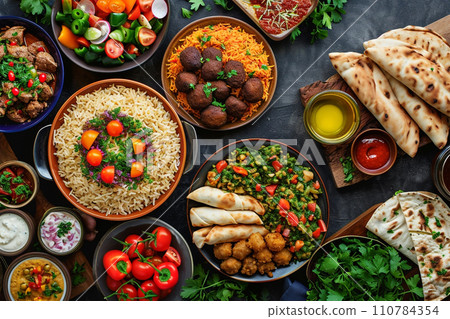 Flat lay of Ramadan kareem Iftar party table with assorted festive traditional Arab dishes Flat lay of Ramadan kareem Iftar party table with assorted festive traditional Arab dishes 110784354