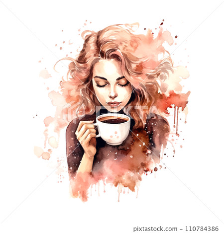 Girl with coffee in watercolor style on white background Girl with coffee in watercolor style on white background 110784386
