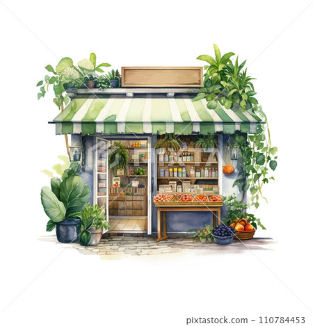 Organic green shop watercolor in cartoon style on white background. 110784453