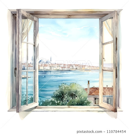 Window sea istanbul watercolor on white background 110784454