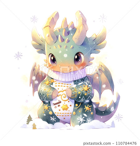 Cute Christmas dragon in watercolor style on white background Cute Christmas dragon in watercolor style on white background 110784476