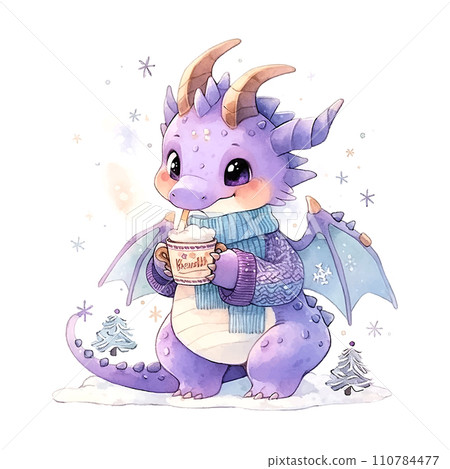 Cute Christmas purple dragon in watercolor style on white background 110784477
