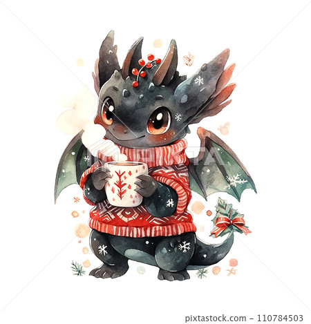 2024 New Year Cute christmas black dragon in watercolor style on red background 2024 New Year Cute christmas black dragon in watercolor style on red background 110784503