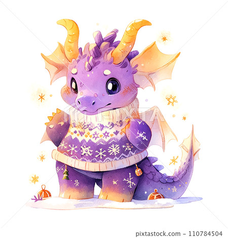 Cute Christmas purple dragon in watercolor style on white background 110784504