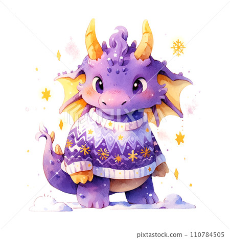Cute Christmas purple dragon in watercolor style on white background Cute Christmas purple dragon in watercolor style on white background 110784505