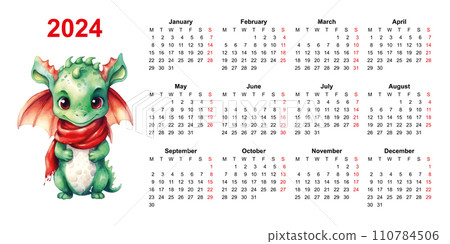 Calendar 2024 dragon watercolor chinese template 110784506