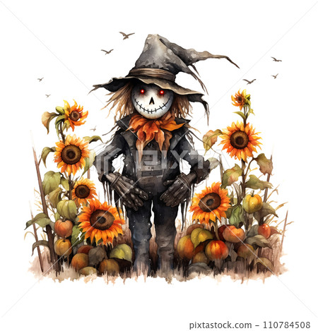Scarecrow garden halloween watercolor in vintage style on white background. Scarecrow garden halloween watercolor in vintage style on white background. 110784508