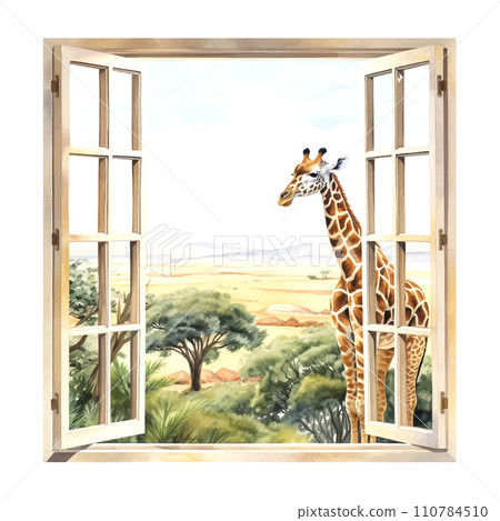 View window Africa watercolor on white background. View window Africa watercolor on white background. 110784510
