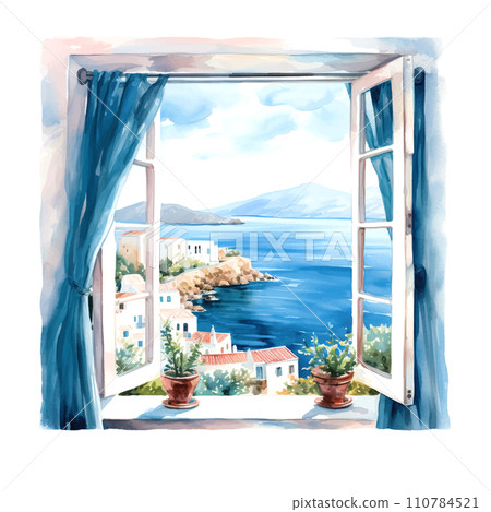 Vintage illustration with blue window sea greece watercolor Vintage illustration with blue window sea greece watercolor 110784521