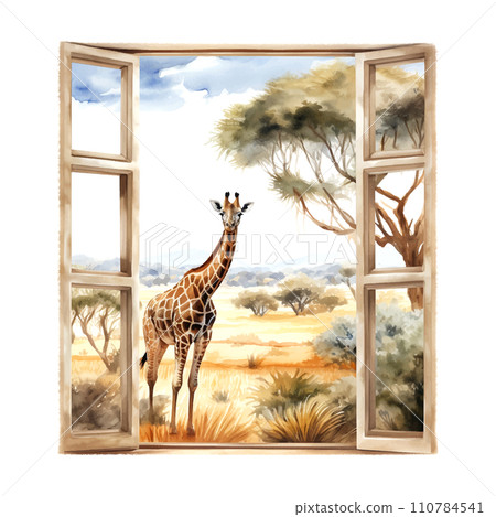 View window Africa watercolor on white background. View window Africa watercolor on white background. 110784541