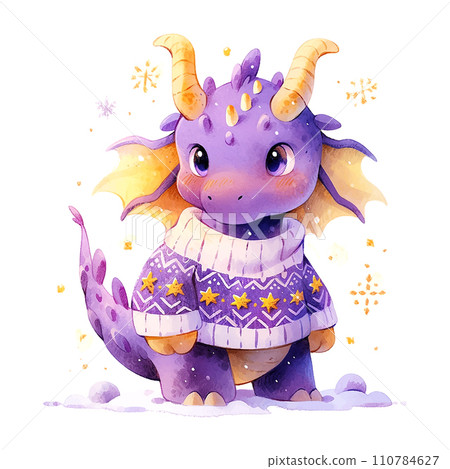 Cute christmas purple dragon in watercolor style on red background Cute christmas purple dragon in watercolor style on red background 110784627
