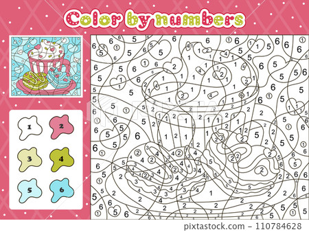 Food and drinks themed coloring page by number for kids with cute mug with latte and macarons Food and drinks themed coloring page by number for kids with cute mug with latte and macarons 110784628