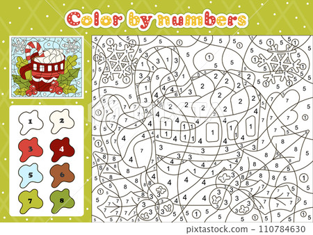 Food and drinks themed coloring page by number for kids with cute christmas cacao 110784630