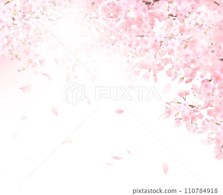 Beautiful pink cherry blossom flowers and petals with light shining through them Spring watercolor style frame background material illustration 110784918