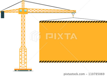 Construction Civil Tower Crane with Poster Icon in Flat Style. Vector Illustration 110785069