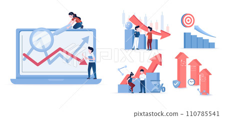 Business ideas collection set. Financial, stock market crash, arrow up, bankruptcy, falling down. Data analysis for investor, strategy management, tactical plan, growth. Flat vector illustration. Business ideas collection set. Financial, stock market crash, arrow up, bankruptcy, falling down. Data analysis for investor, strategy management, tactical plan, growth. Flat vector illustration. 110785541