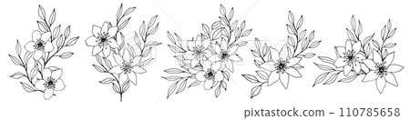 vector composition with flower, leaves and branch. Elegant art for decoration. ink hand drawing monochrome botanical illustration for backgrounds. Template for wedding cards, polygraph, logo, tattoo. 110785658