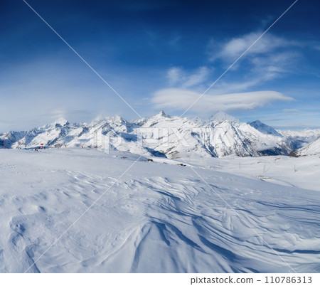 Winter mountain landscape. Wallpaper or background. Cold weather and frost. 110786313