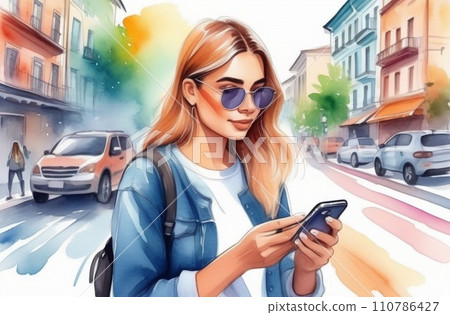Young smiling woman university student holding cell phone using mobile apps technology on smartphone looking at cellphone texting in messengers writing messages 110786427
