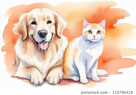 Happy sitting and panting Golden retriever dog and white cat looking at camera, Isolated on peach color background 110786428