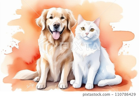 Happy sitting and panting Golden retriever dog and white cat looking at camera, Isolated on peach color background 110786429