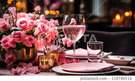 AI-generated content. Festive table setting with elegant wine glasses, beautiful pink roses. Romantic dinner for Valentine's Day, wedding AI-generated content. Festive table setting with elegant wine glasses, beautiful pink roses. Romantic dinner for Valentine's Day, wedding 110786518