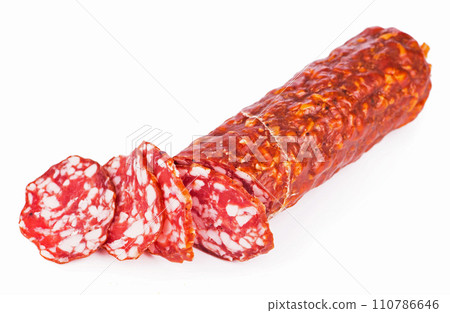 piece of smoked pork sausage with lard on a white background it is isolated piece of smoked pork sausage with lard on a white background it is isolated 110786646