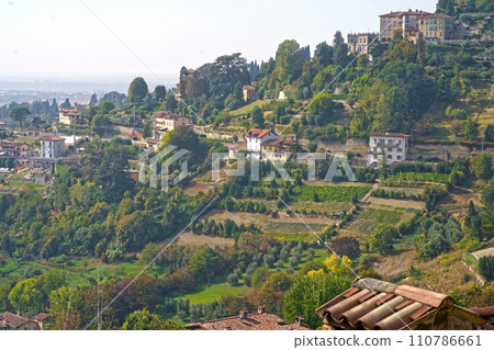 Beautiful buildings on the hills. Bergamo. Beautiful, panoramic view. Journey to Italy. Green Summer Landscape. 110786661